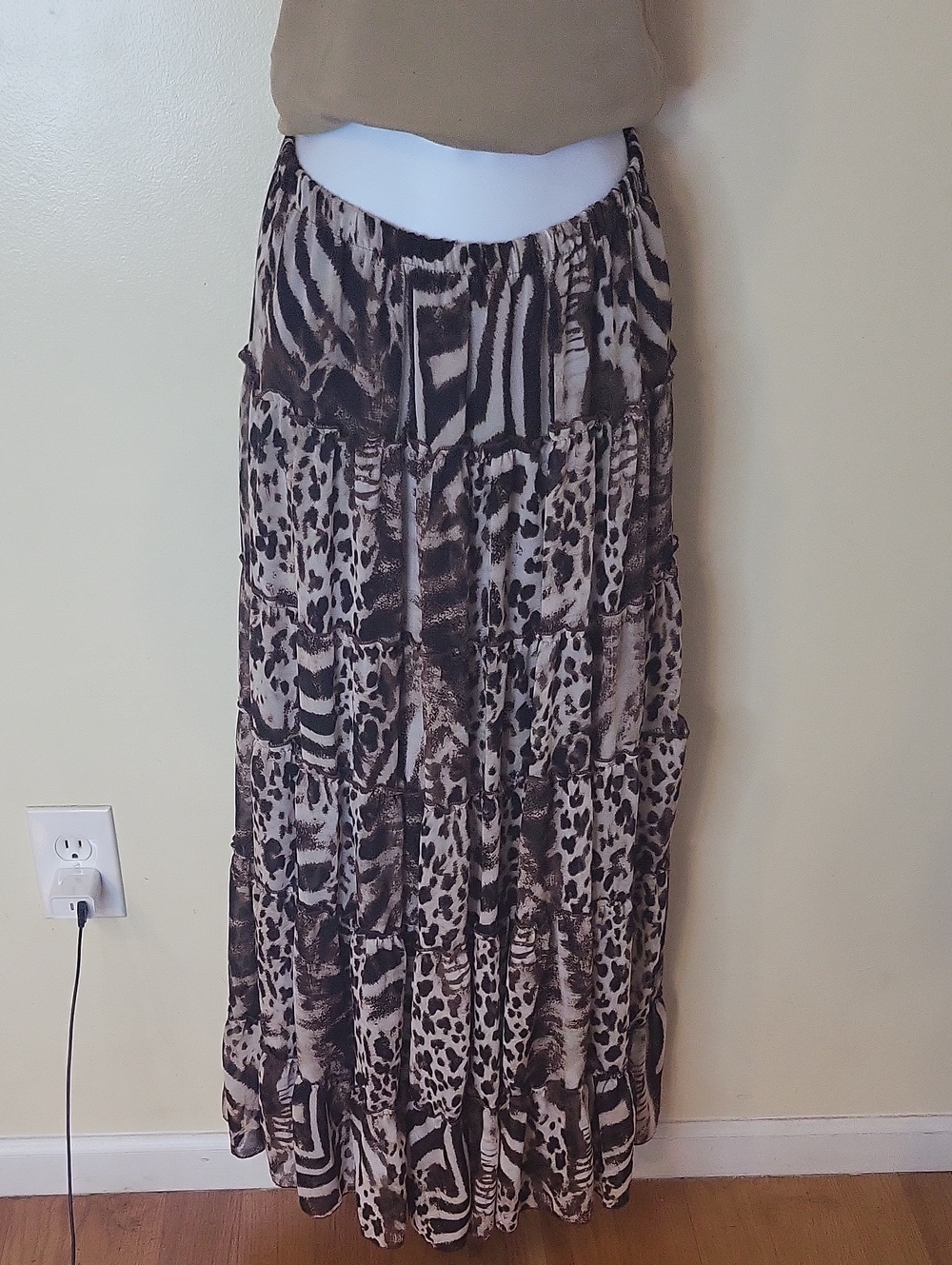 Antthony Tiered Animal-Print Maxi Skirt in Brown and Cream